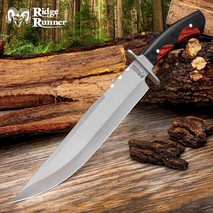 Ridge Runner Peruvian Bowie Knife And Sheath - Stainless Steel Blade, Wooden Handle, Stainless Steel Pins - Length 16 7/10”