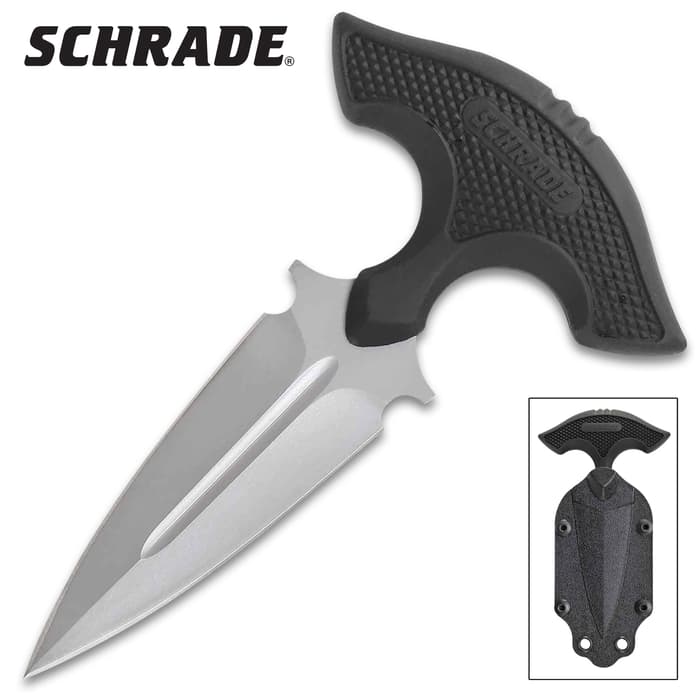 Schrade Push Dagger With Nylon Fiber Sheath - High Carbon Steel Blade, Full-Tang, TPE Handle, Belt/Boot Clip - Length 6 1/2”
