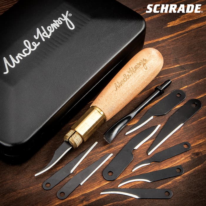 Schrade Uncle Henry Wood Carving Kit - 65Mn High Carbon Steel Blades, Wooden Handle, Brass Jaw Chucking System
