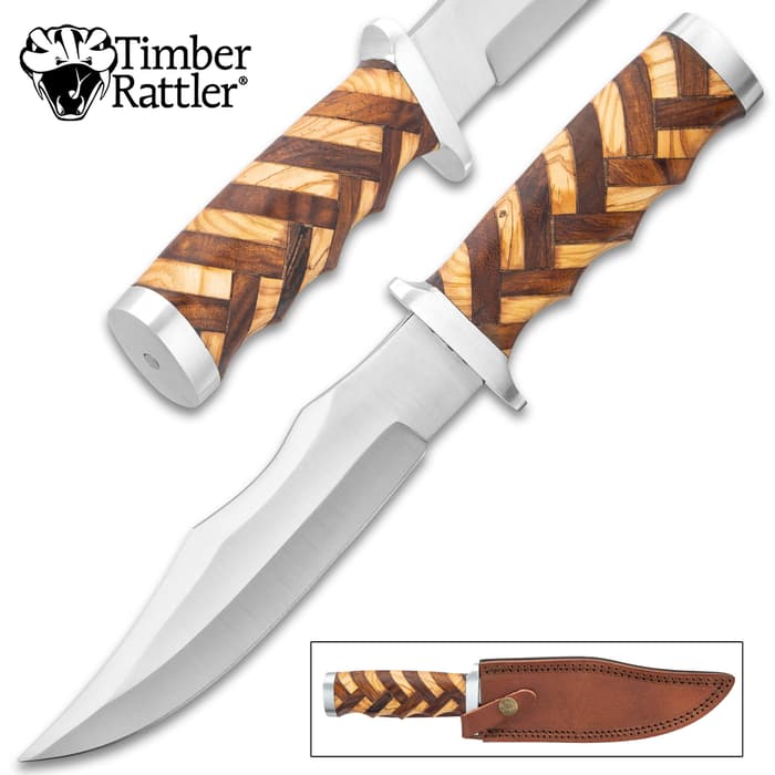 The Timber Rattler Handcrafted Heirloom Bowie Knife has a walnut and olive wood handle in basket-weave pattern and 7” stainless steel blade.