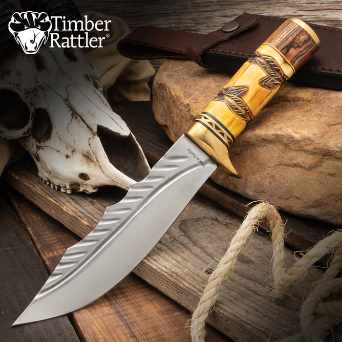 Timber Rattler Nairobi Hunter Knife With Sheath - Stainless Steel Blade, Camel Bone And Pakkawood Handle, Brass Guard - Length 12 1/4”