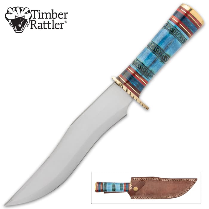 The Timber Rattler Peruvian Knife is eye-catching with its Incan inspired color-theme and design that makes it a display piece