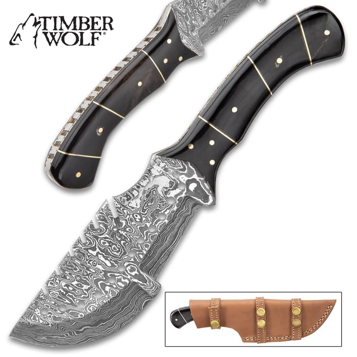 Timber Wolf Trojan Damascus Knife - Damascus Steel Blade, Full-Tang, Genuine Horn Handle Scales, Fileworked Tang - Length 10”