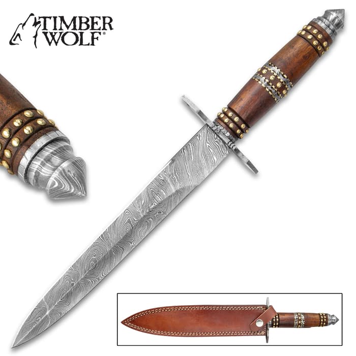 Timber Wolf Tower Guard Dagger And Sheath - Damascus Steel Blade, Wooden Handle, Brass Accents, Damascus Guard - Length 16”