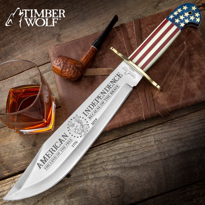 Timber Wolf 2019 American Independence Bowie With Sheath - 3Cr13 Stainless Steel Blade, Wood And Bone Handle, Brass Guard - Length 16”