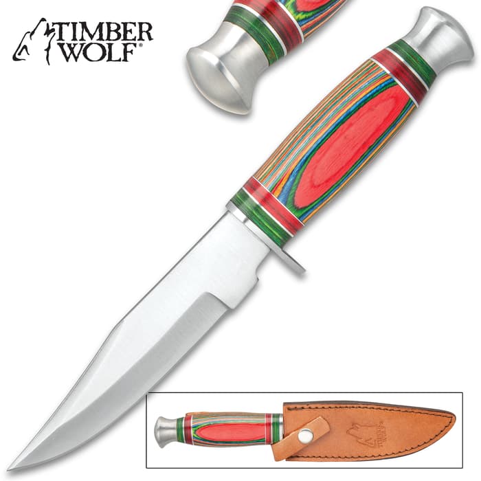 Timber Wolf Rio Grande Knife And Sheath - Stainless Steel Blade, Colorful Wooden Handle, Stainless Steel Pommel - Length 10 1/4”