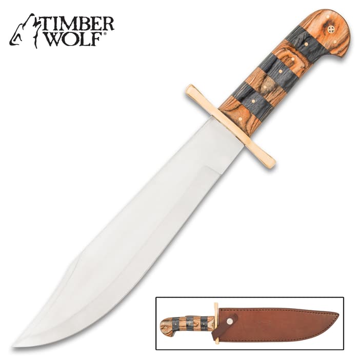 Timber Wolf Pioneer Bowie Knife And Sheath - 3Cr13 Stainless Steel Blade, Wooden Handle, Brass Handguard, Brass Pins - Length 16”