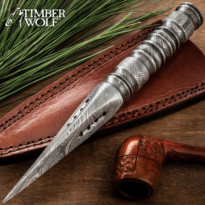 Timber Wolf Rose's Thorn Dagger With Sheath - One-Piece Damascus Steel Construction, Grippy Handle - Length 9”