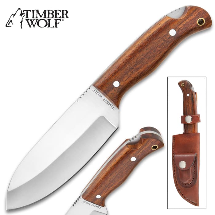 Timber Wolf All-Terrain Knife With Sheath - Carbon Steel Blade, Full-Tang, Wooden Handle, Stainless Steel Pins, Lanyard Hole - Length 9 1/4”