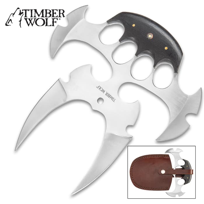 Timber Wolf Quad Blade Push Dagger With Sheath - Stainless Steel Blade, Full Tang, Wooden Handle Scales - Length 8”