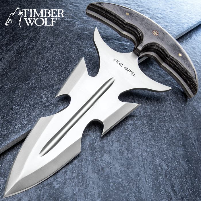 Timber Wolf Great White Push Dagger With Sheath - Stainless Steel Blade, Full Tang, Wooden Handle Scales - Length 8 3/4”