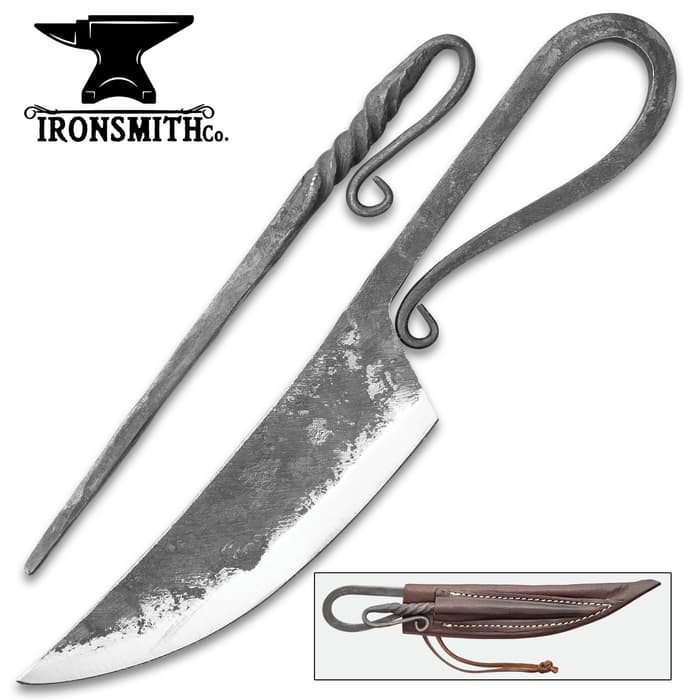 Ironsmith Co. Hand-Forged Viking Dining Set With Sheath - High Carbon Steel, Rough-Forged, Two-Pieces Include Knife And Skewer