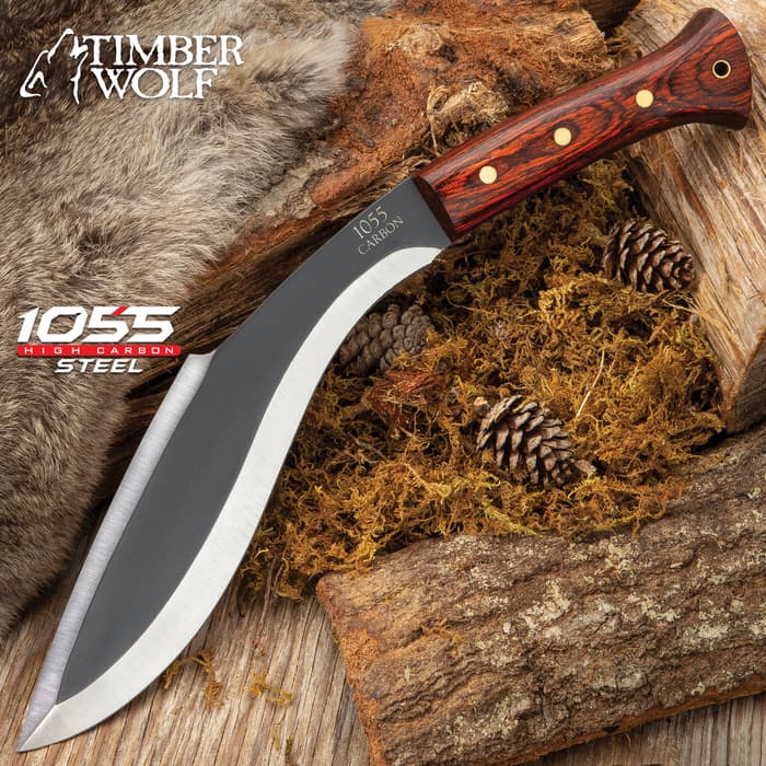 Timber Wolf Heart of Darkness Kukri Knife with 1055 carbon steel blade and dark wooden handle shown on wooden and fur background.