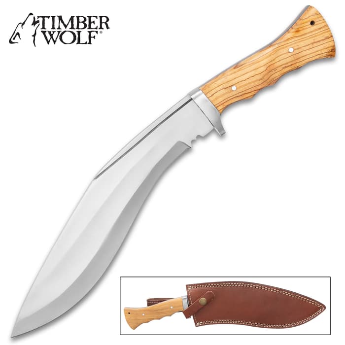 Timber Wolf Nepal Kukri Knife - Stainless Steel Blade, Full-Tang, Wooden Handle Scales, Stainless Steel Guard - Length 15”