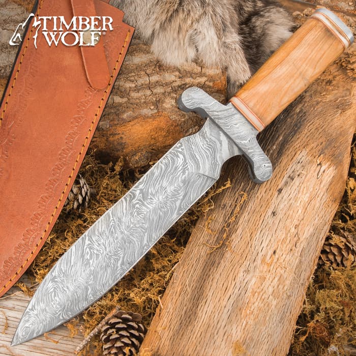 Timber Wolf Greco Knife And Sheath - Fire Patterned Steel Blade, Oil Wood Handle, Stainless Steel Handguard And Pommel - Length 14 1/2”