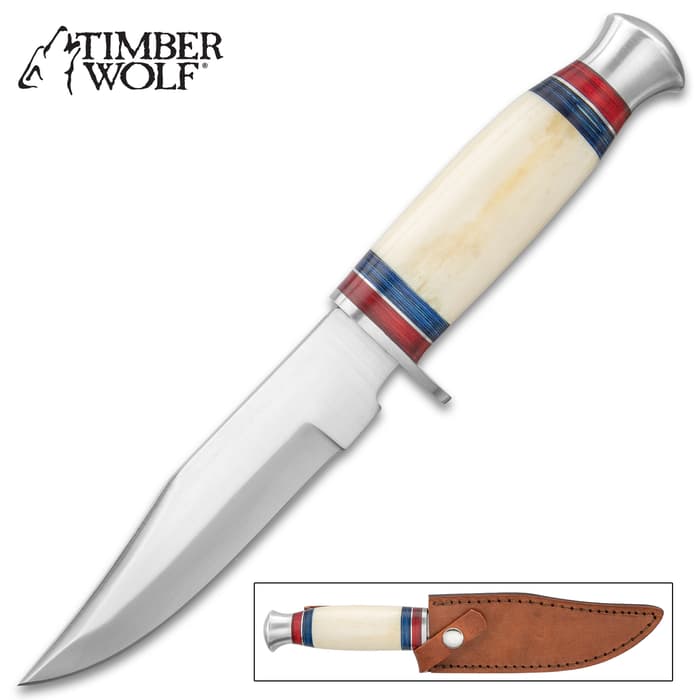 Timber Wolf Sheikh Defender Knife With Sheath - Stainless Steel Blade, Bone Handle, Stainless Steel Guard And Pommel - Length 10”
