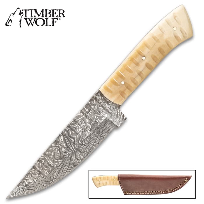 Timber Wolf Antarctica Knife With Sheath - Damascus Steel Blade, Deep File-Work, Bone Handle, Stainless Steel Pins - Length 9”