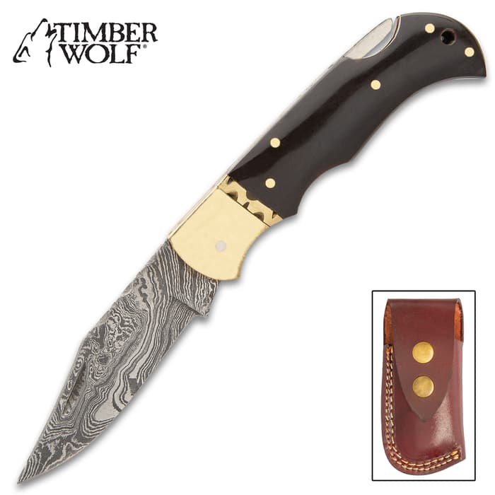 Timber Wolf Trader Pocket Knife With Sheath - Damascus Steel Blade, Fileworked Spine, Genuine Horn Handle, Brass Bolster And Liners