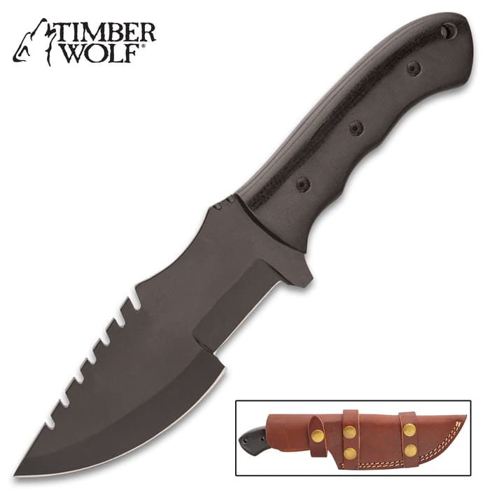 Timber Wolf Philistine Knife With Sheath - Carbon Steel Blade, Non-Reflective Finish, Micarta Handle, Lanyard Hole - Length 9 3/4”