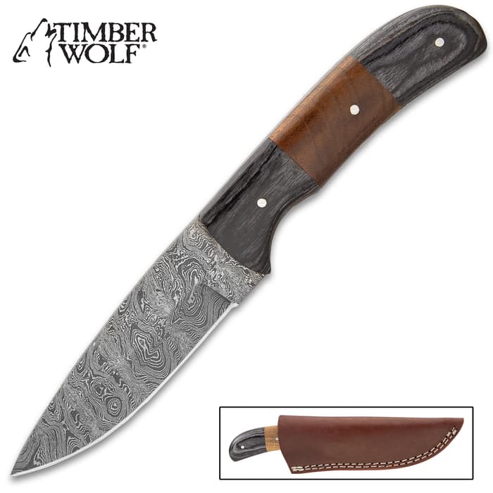 Timber Wolf Boar Hunter Knife With Sheath - Damascus Steel Blade, Pakkawood And Walnut Handle Scales, Fileworked Spine - Length 7 1/2”