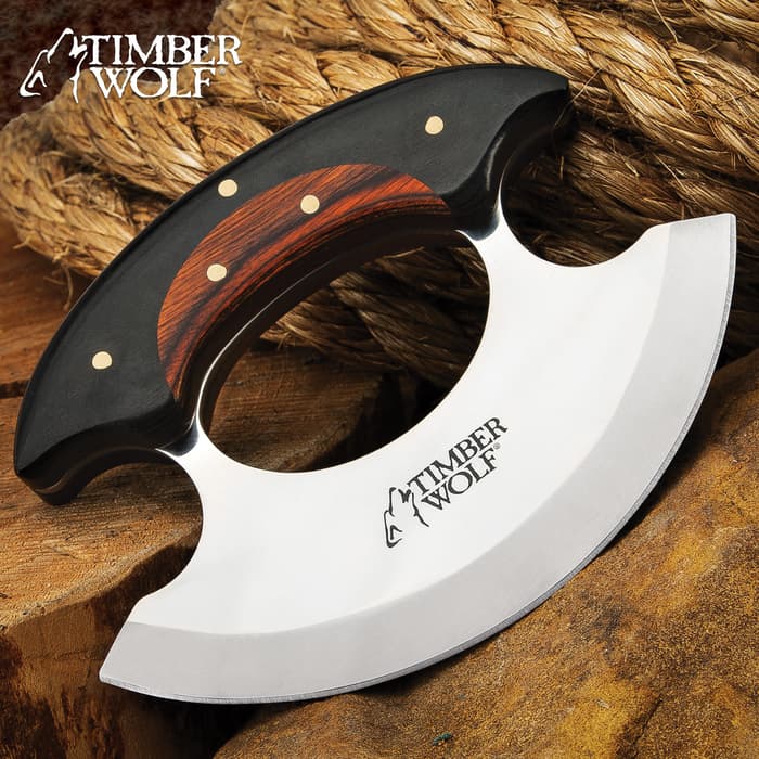Timber Wolf Shredder Ulu Knife With Sheath - Stainless Steel Blade, Wooden Handle Scales, Brass Pins - Length 3 3/4”