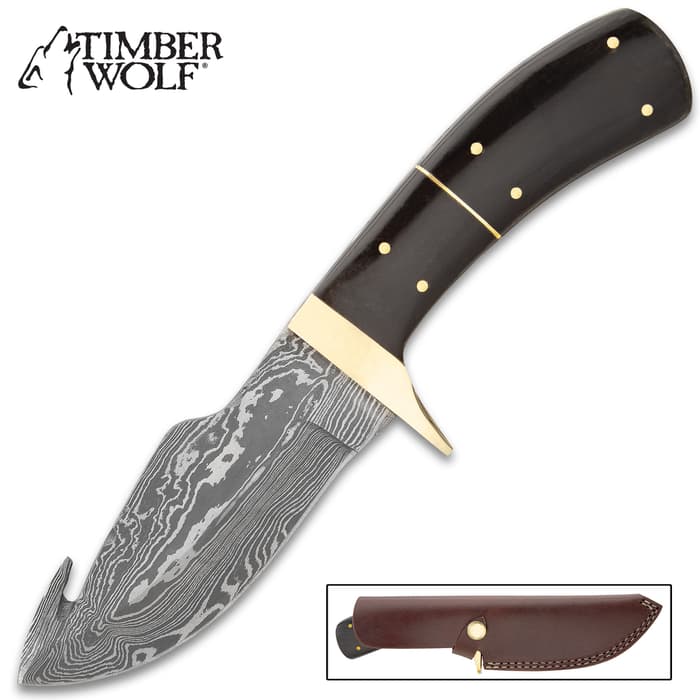 Timber Wolf Black Creek Knife With Sheath - Damascus Steel Blade, Gut Hook, Buffalo Horn Handle Scales, Brass Guard - Length 9”