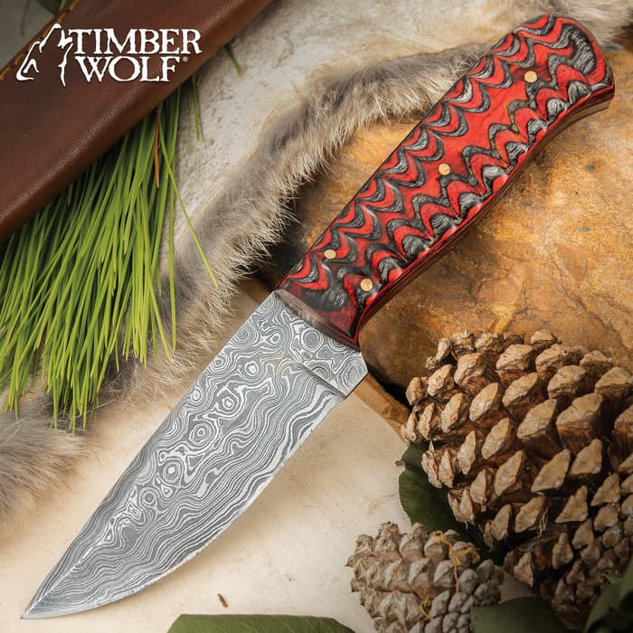 Timber Wolf Ripple Creek Hunting Knife With Sheath - Damascus Steel Blade, Wooden Handle Scales, Brass Pins - Length 8 1/4”