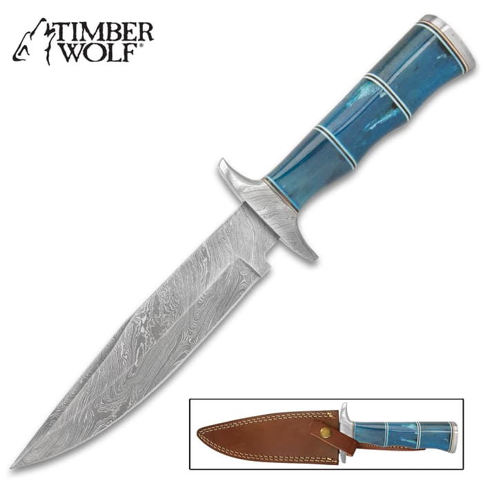 Timber Wolf Azul Hunting Knife - Damascus Steel Blade, Bone Handle With Brass Accents, Damascus Handguard - Length 12 1/2”
