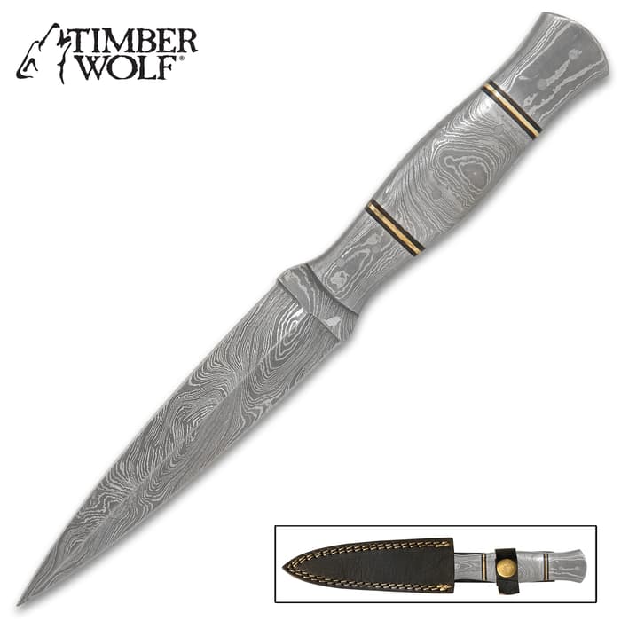Timber Wolf Damascus Dagger Knife - Full Damascus Steel Construction, Brass And Black Accents - Length 9 1/4”