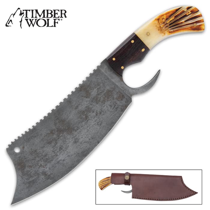 Timber Wolf Deerstalker Cleaver Knife And Sheath - Carbon Steel Blade, Torched Bone And Walnut Wood Handle - Length 12”