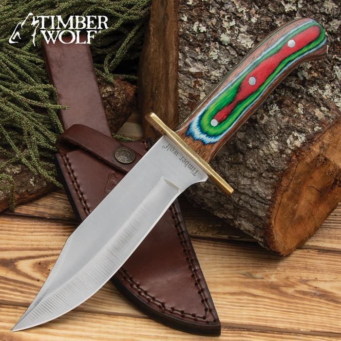 Timber Wolf Rainbow Knife And Sheath - Stainless Steel Blade, Pakkawood Handle Scales, Brass Guard - Length 10 3/4”