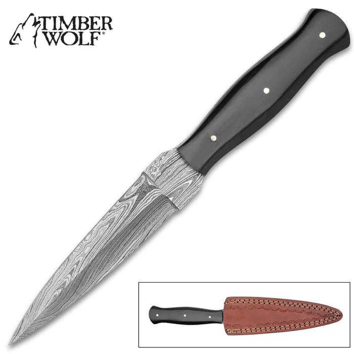Timber Wolf Midnight Dagger And Sheath - Damascus Steel Blade, Horn Handle, Brass Pins - Length 9”
