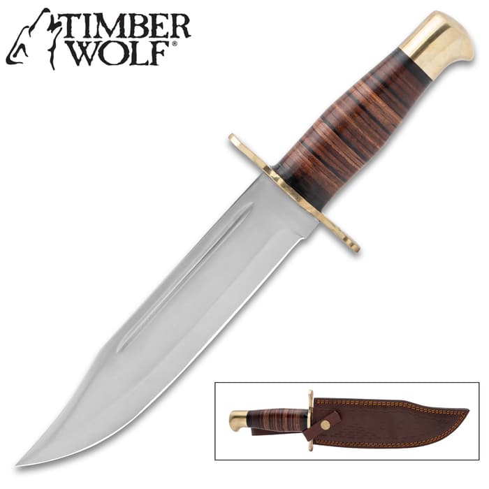 Timber Wolf Wildcat Bowie Knife And Sheath - Stainless Steel Blade, Stacked Leather Handle, Brass Pommel And Guard - Length 13 1/2”
