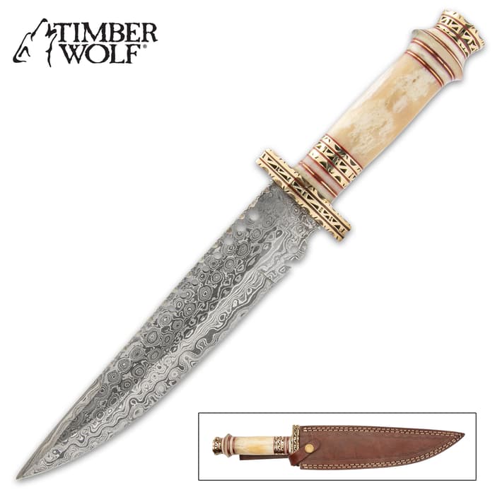 Timberwolf Assyrian Knife And Sheath - Damascus Steel Blade, Genuine Bone Handle, Fileworked Handguard - Length 14 1/2”