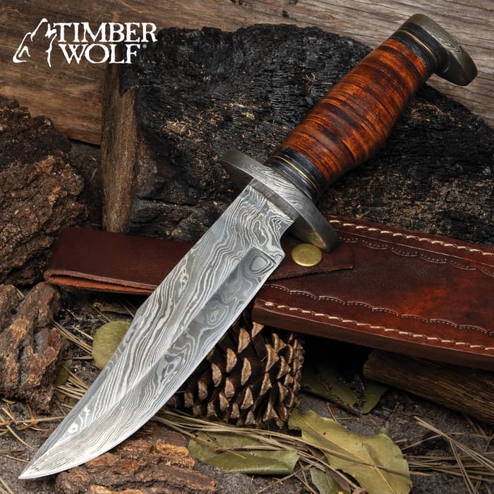 Timber Wolf Territories Trader Knife And Sheath - Damascus Steel Blade, Leather Handle, Damascus Steel Guard And Pommel - Length 12”