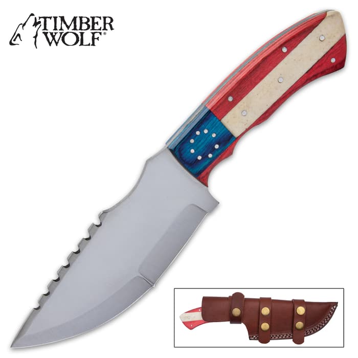 Timber Wolf American Spirit Knife And Sheath - Stainless Steel Blade, Wooden And Bone Handle, Brass Pins - Length 10 1/4”