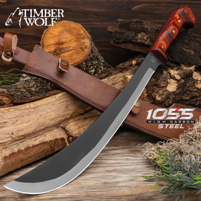 The Timber Wolf Heart of Darkness Golok Knife shown with its sheath