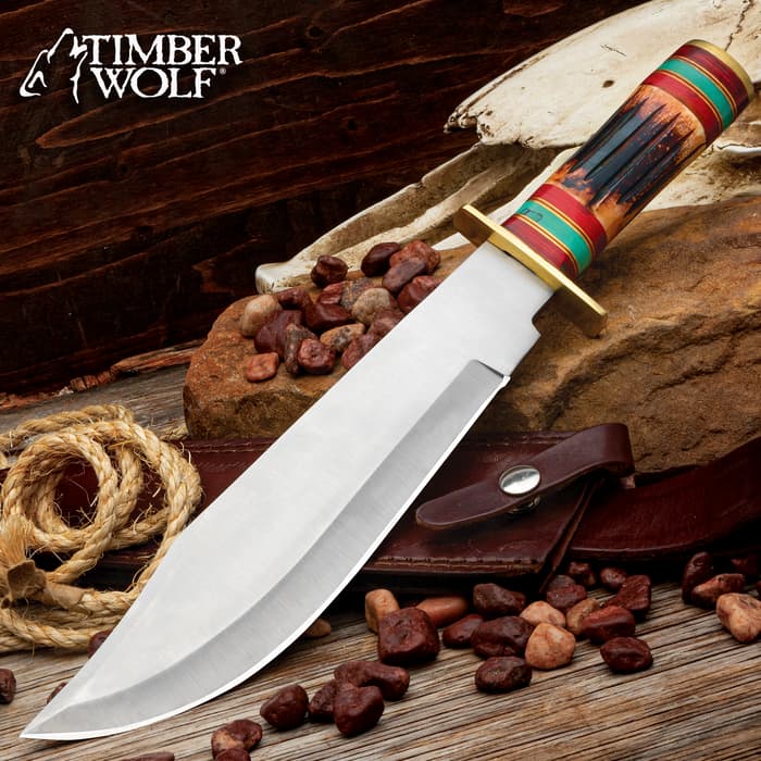 The Timber Wolf Navajo Bowie Knife with the blade prominently displayed