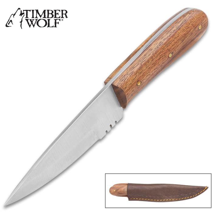 The Timber Wolf Mini Hunting Knife shown in and out of its sheath