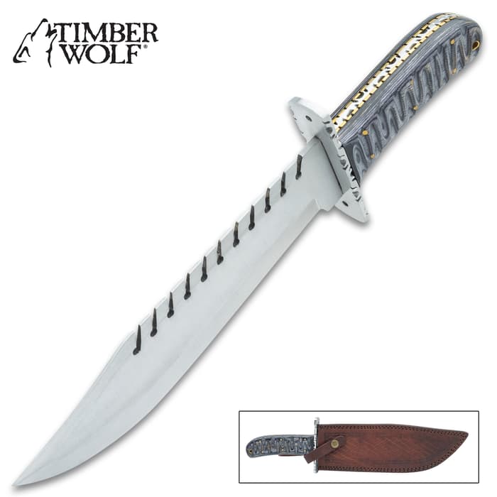 The Timber Wolf Jagged Edge Knife shown in an out of its sheath