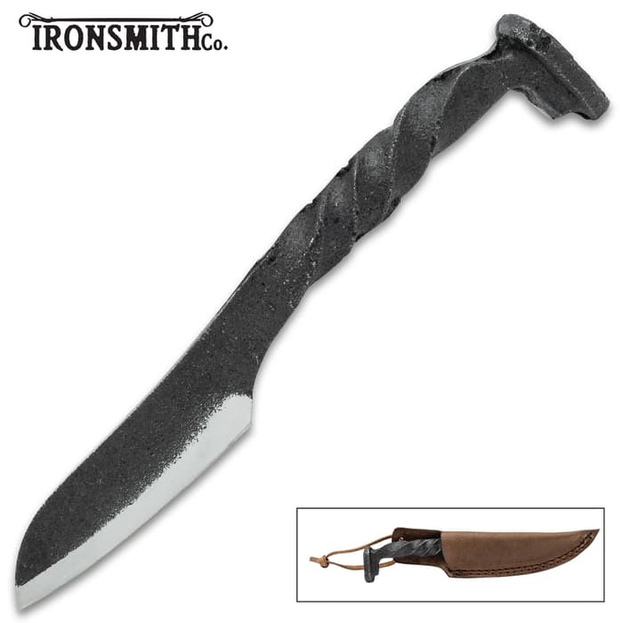 The Ironsmith Co Forged Blacksmith Knife shown in and out of its sheath