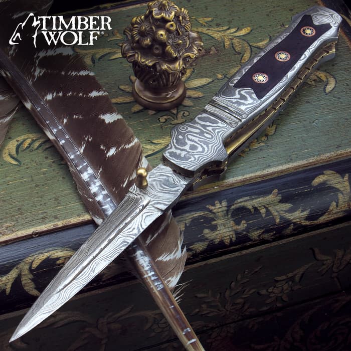 Timber Wolf Mosaic Damascus Stiletto Pocket Knife