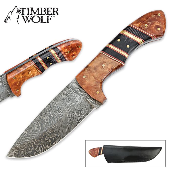 Timber Wolf Custom Stripes Damascus Fixed Blade Hunting Knife