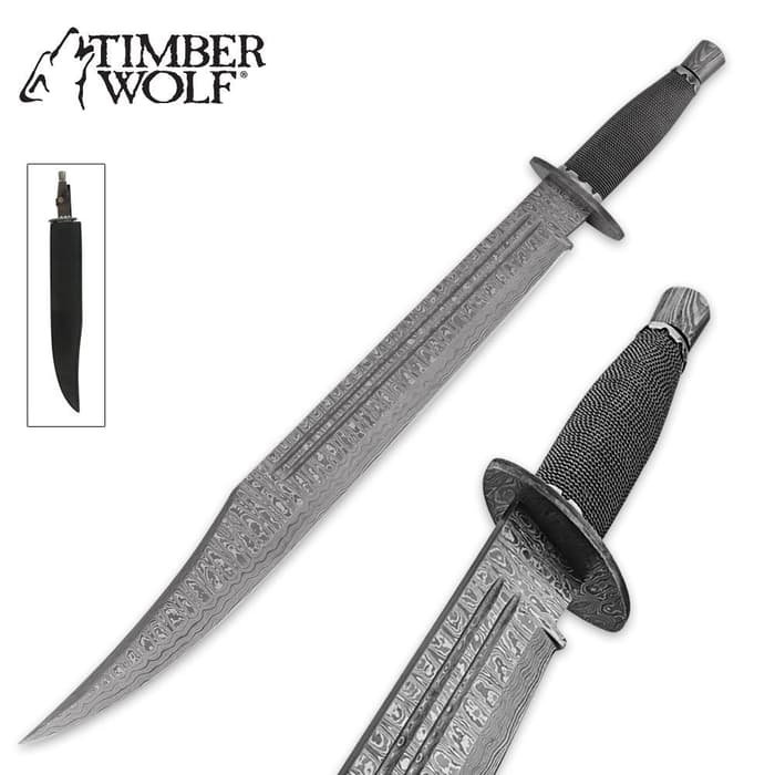 Timber Wolf short sword shown with Damascus steel blade, black wire wrapped handle, and black leather sheath. 