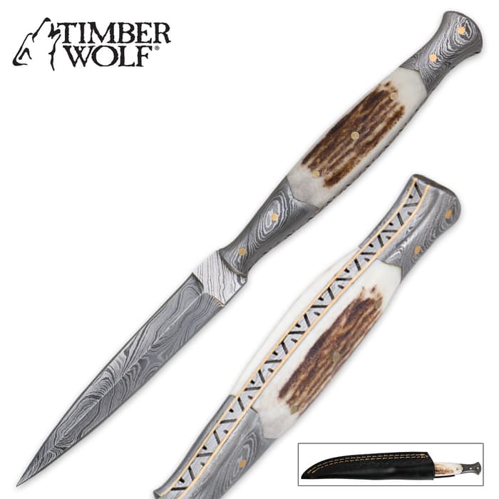 Timber Wolf Full Tang Damascus and Stag Dagger with Sheath