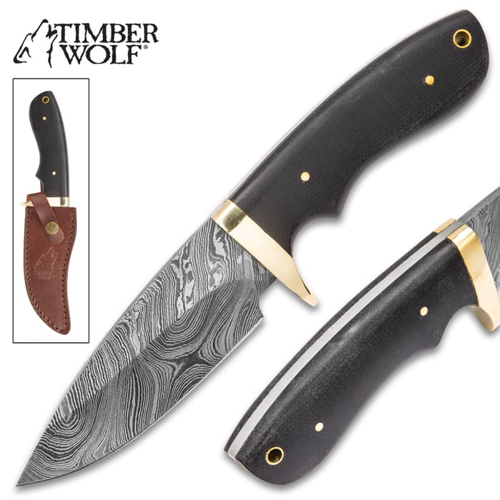 Timber Wolf Bear River Damascus Skinner Fixed Blade Knife with Leather Sheath
