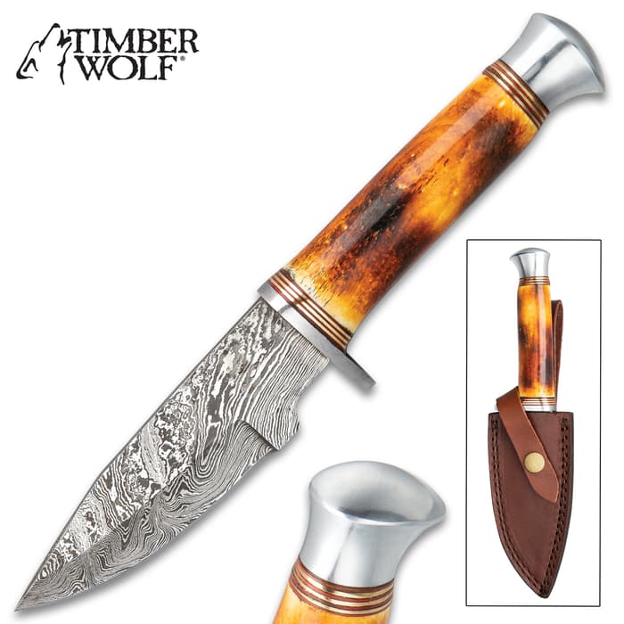 Timberwolf Australian Outback Fixed Blade Knife - Damascus Steel Blade, Genuine Burnt Bone Handle, Stainless Steel Guard And Pommel - Length 9”