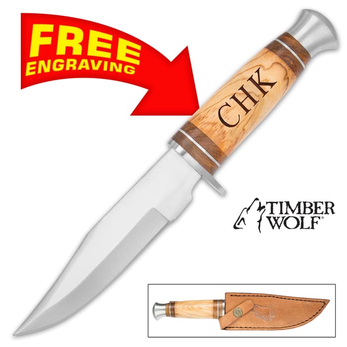 Timber Wolf Olive Wood Compact Bowie Knife And Sheath - Free Personalization 