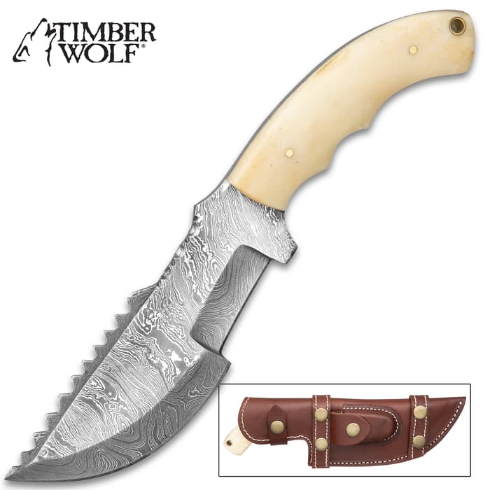 Timber Wolf Piranha Knife With Sheath - Damascus Steel Blade, Sawback, Natural Bone Handle - Length 10”