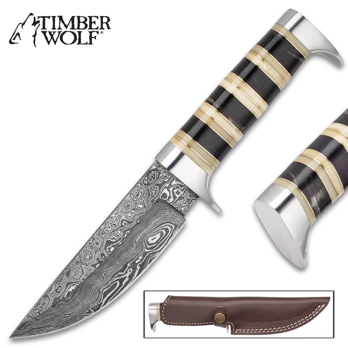Timber Wolf Assyrian Empire Fixed Blade Knife With Sheath - Damascus Steel Blade, Horn And Bone Handle - Length 9 1/4”